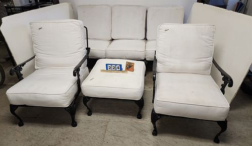 wrought sofa 6', pr arm chairs and ottoman