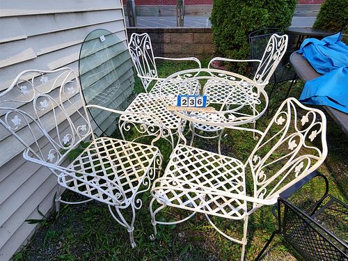ptd white wrought table w/4 arm chairs and side table