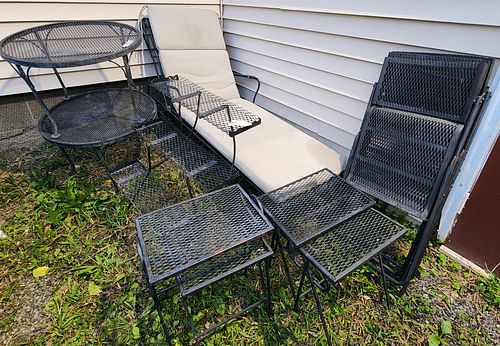 lot wrought patio furn. Adjustable lounge pr. 24" diam., side tables, 3 folding chairs, nest tables, and 3 tier plant stand