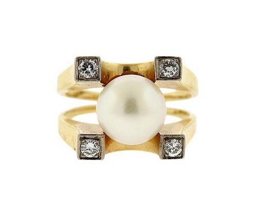 14k Gold Pearl Diamond Ring