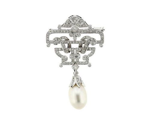 Art Deco Style  18k Gold Diamond Pearl Drop Brooch