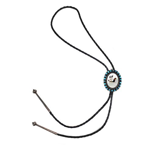Mary Marie - Navajo - Number 8 Turquoise with Multi-Stone Inlay, Silver, and Leather Bolo Tie with with Duck Design c 1970s, 2.25" x 1.75" bolo (J9088