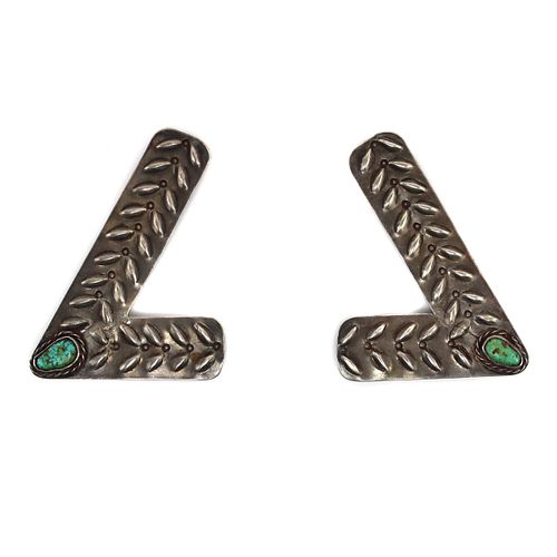 Navajo - Turquoise and Silver Collar Tips with Stamped Design c. 1940s, 3.5" x 2.5" (each) (J90885B-0923-007)