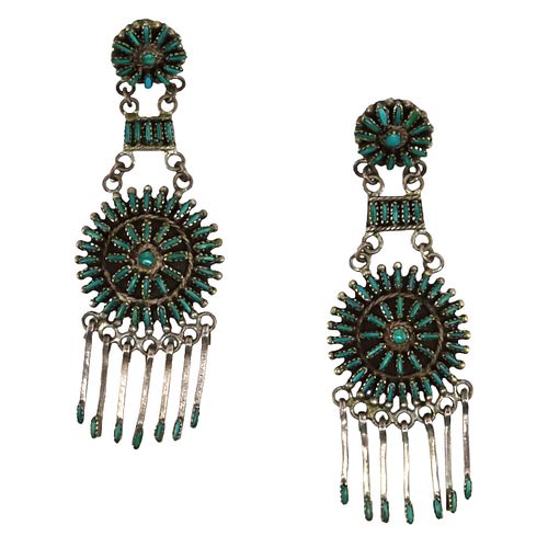 Zuni - Turquoise Petit Point and Silver Post Earrings c. 1940-50s, 3" x 1" (J90885B-0923-008)