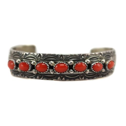Wilbert Benally - Navajo - Coral and Silver Bracelet with Stamped Design c. 1970s, size 6.25 (J90885B-0923-012)