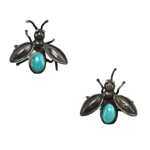 Navajo - Turquoise and Silver Screw-back Earrings with Moth Design c. 1940s, 0.75" x 0.75" (J90885B-0923-015)