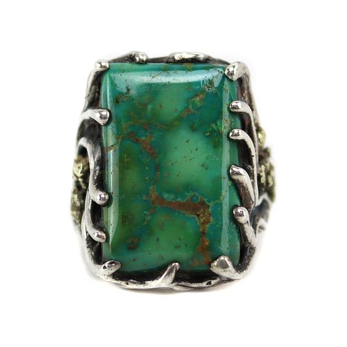 Carico Lake Turquoise and Silver Ring with 6 Gold Nugget Accents, size 10.5 (J90885B-0923-019)