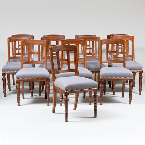 Set of Twelve English Aesthetic Movement Oak and Grey Felt Upholstered Dining Chairs