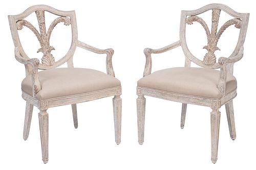 Pair of Neoclassical Style Carved and Paint Decorated Open Armchairs