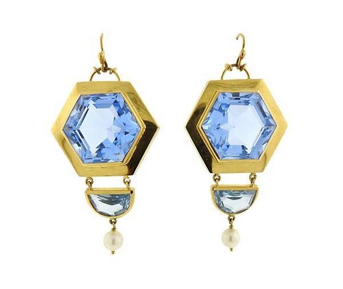 18k Gold Large Blue Stone Pearl Earrings
