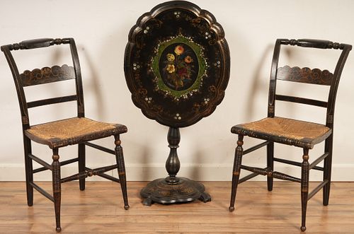 19thC Papier Mache MOP Inlay Table and Two Chairs