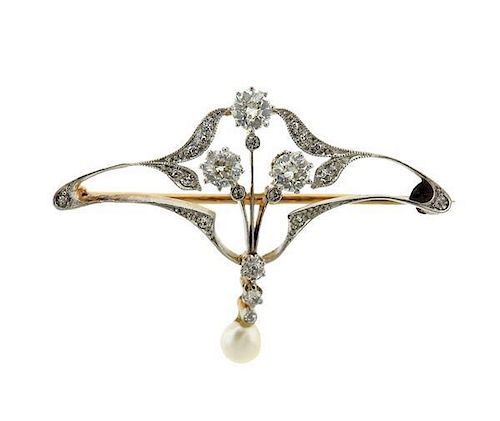 Antique Art Deco 14k Gold Platinum Diamond Pearl Brooch