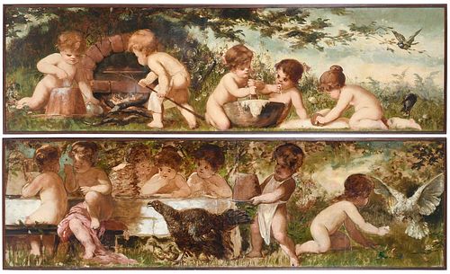 Two Victorian Allegorical Mural Paintings, Cooking