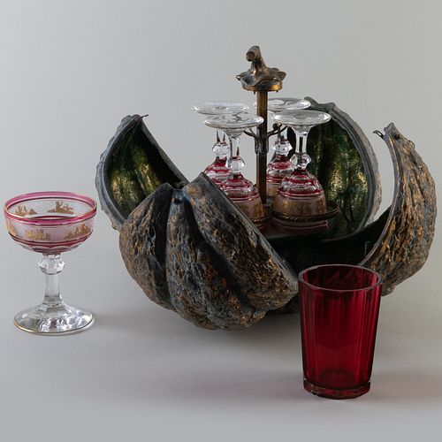 Continental Patinated-Bronze Squash Form Liqueur Set With an Assembled Set of Glassware