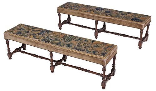 Two Similar Baroque Needlework Upholstered Long Benches