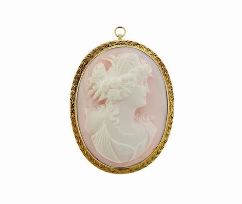 14K Gold Carved Coral Cameo Brooch Pendant