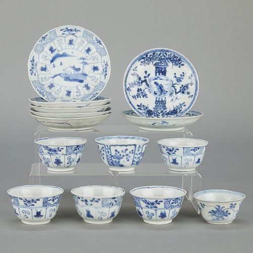 14 Chinese Bleu de Hue Porcelain Cups & Saucers