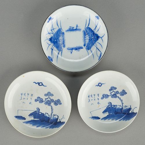 3 Chinese Bleu de Hue Porcelain Dishes