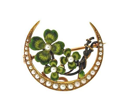 Antique 14k Gold Pearl Enamel Flower Brooch Pin