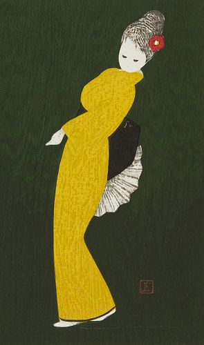 Kaoru Kawano "Dancing Figure (Camellia)" Woodblock
