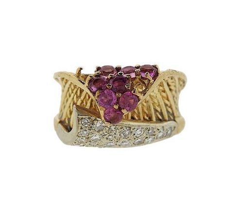 14k Gold Pink Stone Diamond Ring