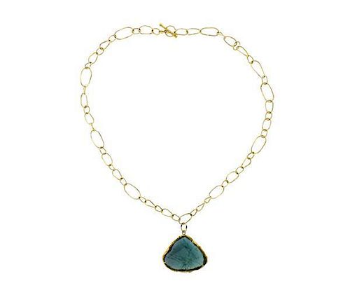 18K Gold Blue Stone Pendant Link Toggle Necklace
