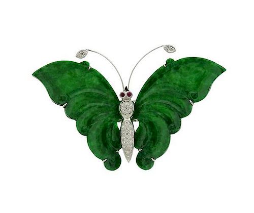 18k Gold Jade Diamond Butterfly Brooch Pendant
