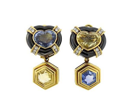 18k Gold Yellow Blue Sapphire Diamond Day &amp; Night Earrings