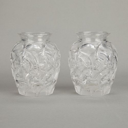 Pair Lalique "Chamois" Ibex Crystal Glass Vases