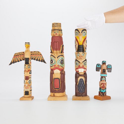 4 Short Carved & Painted Totem Poles