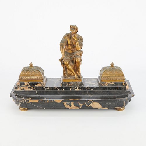 French Bronze & Marble Writing Desk Set