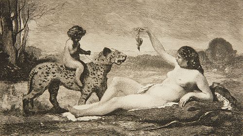 Bracquemond "Nymph and Tiger" Etching Corot 1883