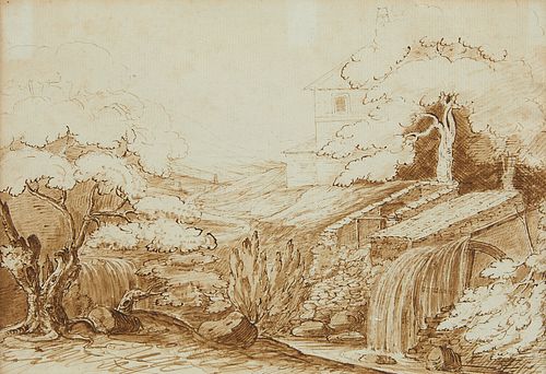 18th c. Pen & Ink Landscape on Laid Paper