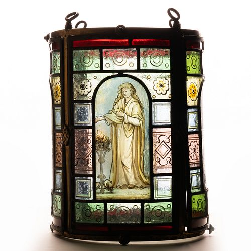 Aesthetic Movement Leaded Glass and Enameled Lantern, Attributed to Daniel Cottier
