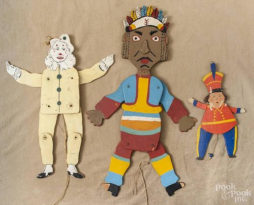 Three painted wood cutout jumping jack toys, 20th c., to include a Native American Indian, 24 1/2'' h.