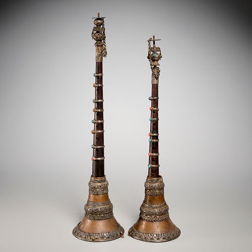 (2) Antique Himalayan Dung Chen horns