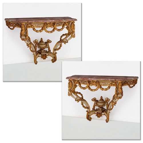 Pair Continental Rococo marble-top pier tables