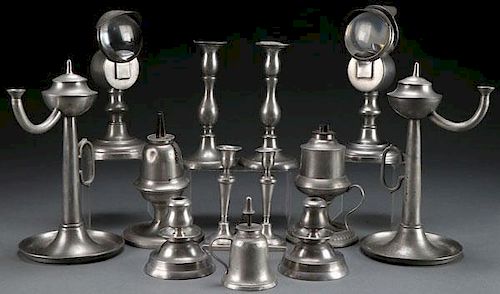 A THIRTEEN PIECE GROUP OF EARLY AMERICAN LIGHTING