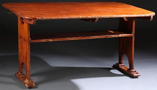 A GOOD EARLY AMERICAN PINE TAVERN TABLE/BENCH