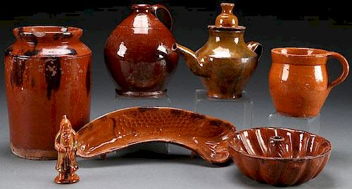A SIX PIECE GROUP OF 19TH CENTURY GLAZED REDWARE