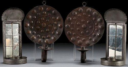 TWO PAIRS OF AMERICAN TIN CANDLE SCONES, 19TH C