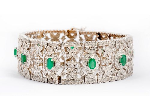 An Ornate 14K Gold, Emerald and Diamond Bracelet