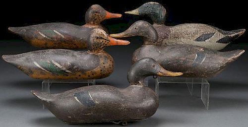 FIVE PAINTED WOOD DUCK DECOYS, CIRCA 1900