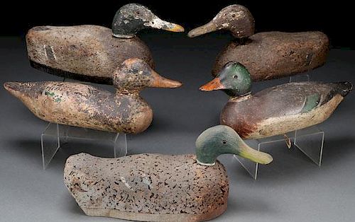 FIVE WOOD AND CORK PAINTED DUCK DECOYS