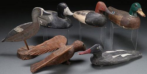 SIX CARVED AND PAINTED WOOD DECOYS