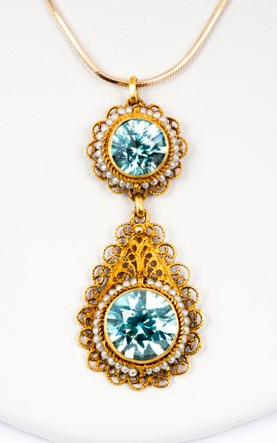 A Yellow Gold, Blue Zircon and Seed Pearl Drop Necklace