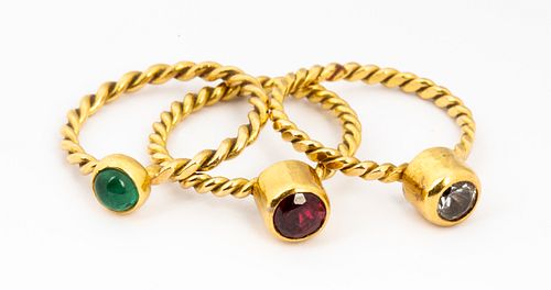 Three 18K Gold Vintage Gemstone Twist Rings