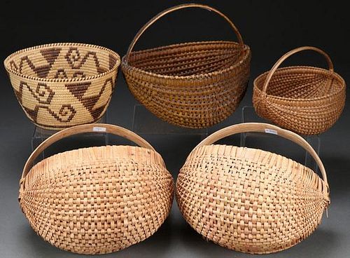 A COLLECTION OF FIVE WOVEN BASKETS, 20TH CENTURY