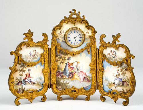 A French or Austrian Gilt and Enamel Table Screen and Clock