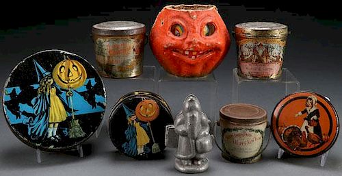 EIGHT VINTAGE CHRISTMAS AND HALLOWEEN CONTAINERS